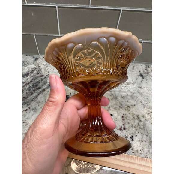Vitg Fenton Amber Opalescent Glass Compote Candy Dish Cameo Eye & Scroll Design - Picture 11 of 12